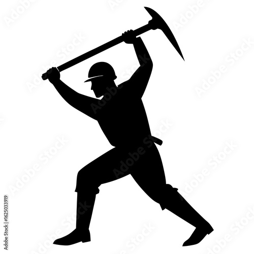 Miner silhouette swinging a pickaxe with force isolated on transparent background