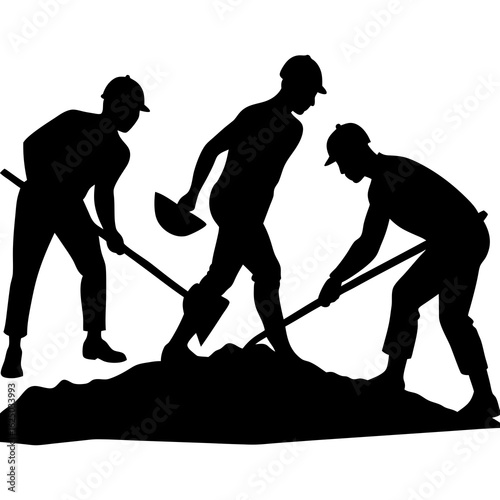 Three construction workers in silhouette digging and moving earth with shovels on a transparent background silhouette isolated on transparent background
