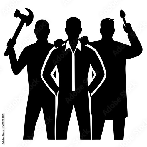 Three men in silhouette with tools hammer paintbrush and overalls isolated on transparent background silhouette