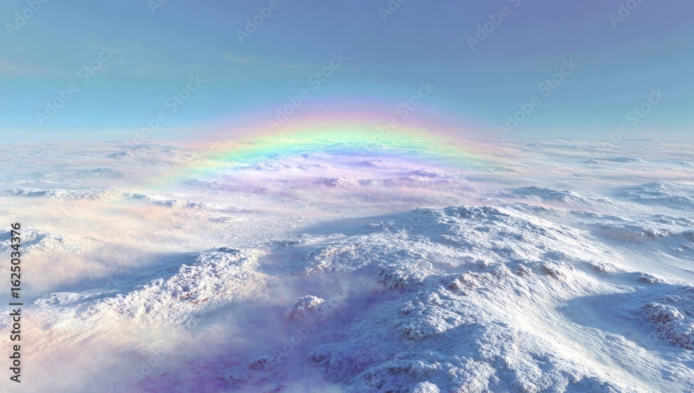 Fototapeta premium A vibrant, pastel rainbow arches over a landscape of snow-capped mountains and clouds
