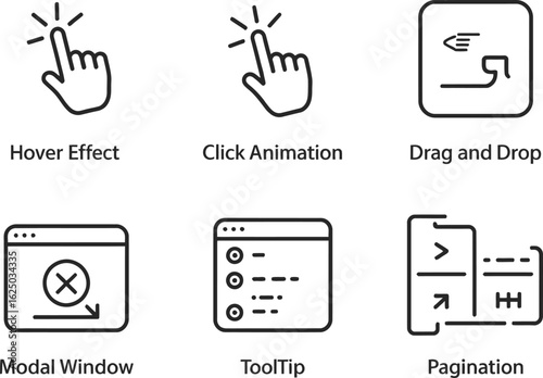 User Interface and Interaction Icons Set, Hover, Click, Drag, Modal, Tooltip, Pagination