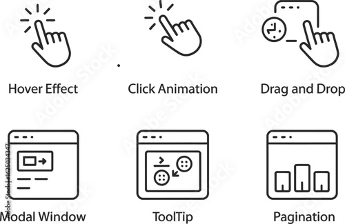 UI UX Design Thin Line Icons Set Hand Gestures Click Animation on White