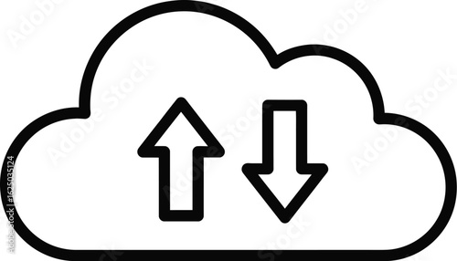 Illustration of a cloud with upload and download arrows, , representing data transfer, cloud computing, and online storage solutions