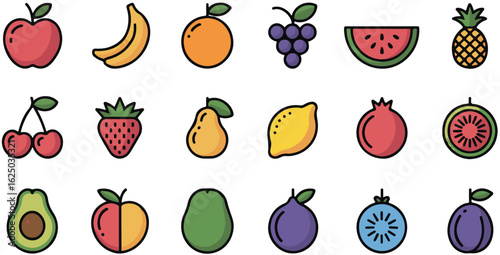 colorful fruit icon set, apple, banana, orange, grape bunch, watermelon slice, pineapple, strawberry, cherry pair, mango, pear, lemon.