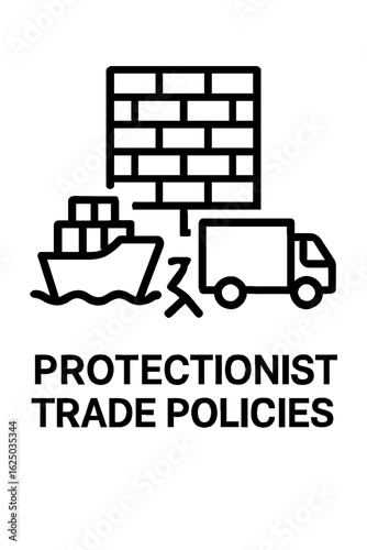 A cargo ship and truck are blocked by a brick wall, symbolizing protectionist trade policies and their impact on global commerce and international shipping.