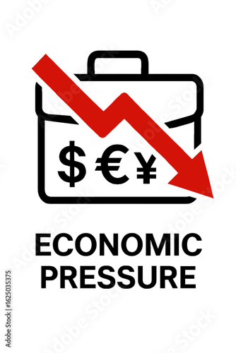 A downward-trending red arrow pierces a briefcase adorned with dollar, euro, and yen symbols, symbolizing economic pressure against a clean, white backdrop.