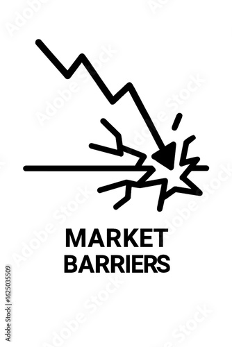 This impactful graphic effectively illustrates the concept of market barriers, depicting a sharp downward trend line forcefully encountering a solid obstacle, symbolizing economic challenges.