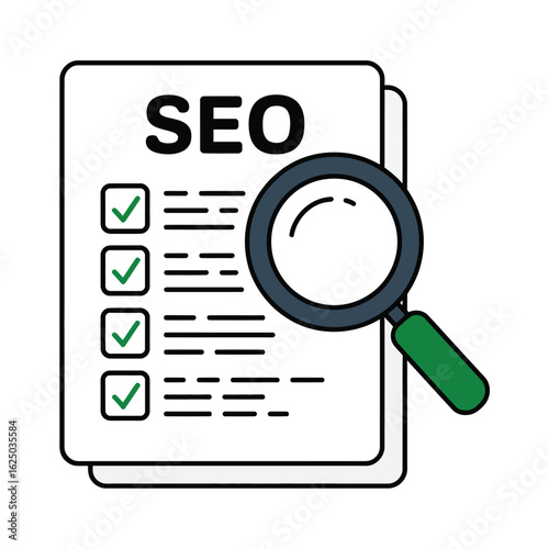 Magnifying glass over seo checklist with completed tasks and search engine optimization concept
