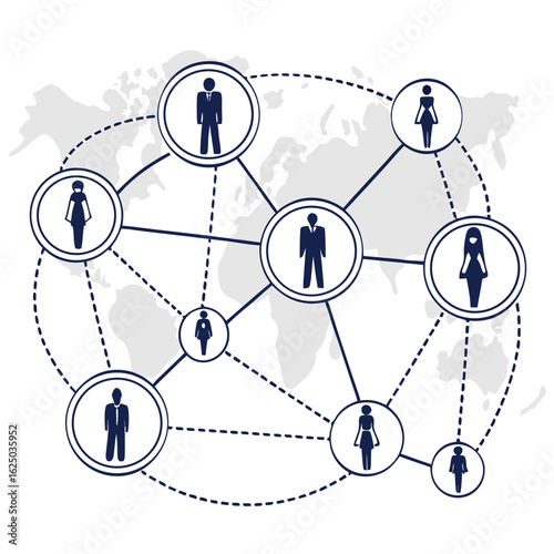 Global network of diverse people connected by lines on world map background