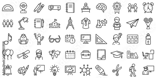 Set of educational icons including science, tools, and symbols  