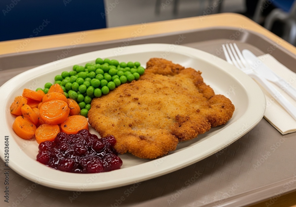 Herzhaftes Essen mit Schnitzel und Gemüse in deutscher Kantine Herzhaftes Essen mit Schnitzel und Gemüse in deutscher Kantine