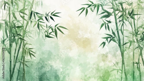 Serene Bamboo Forest Background with Soft Green Hues and Subtle Watercolor Texture for Tranquil Nature Inspired Design Projects