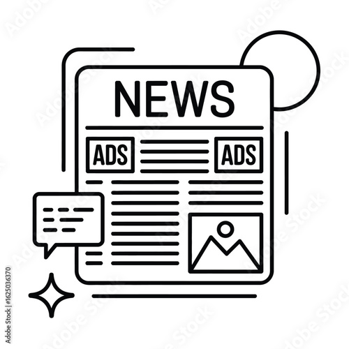 Newspaper with ads and speech bubble icon representing news and communication