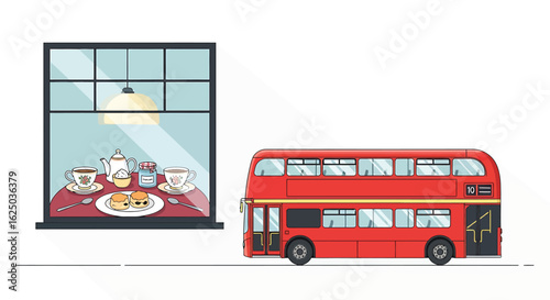 Classic London street scene with a red bus and a cafe serving afternoon tea.