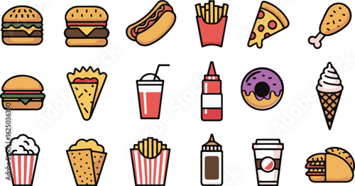 set of icons of fast food, hamburger, cheeseburger, hot dog, french fries, pizza slice, chicken drumstick and others. 