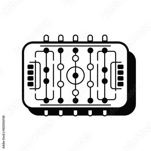 Top view illustration of a classic foosball table with players and handles