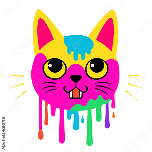An artistic and trippy feline visage rendered in vibrant colors against a dark backdrop showcasing a unique psychedelic cat portraiture
