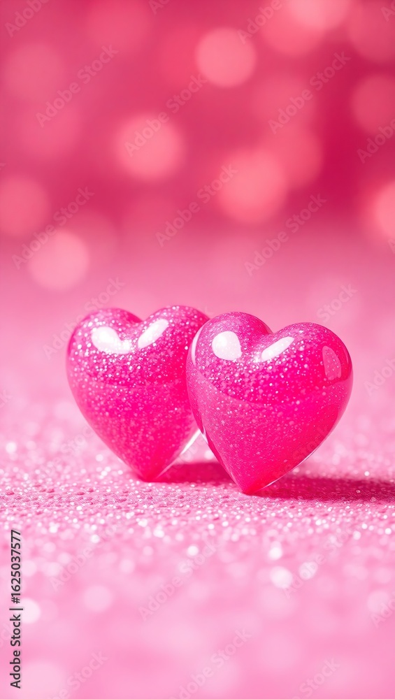 Fototapeta premium Sparkling pink hearts on glitter surface with dreamy bokeh and soft romantic glow