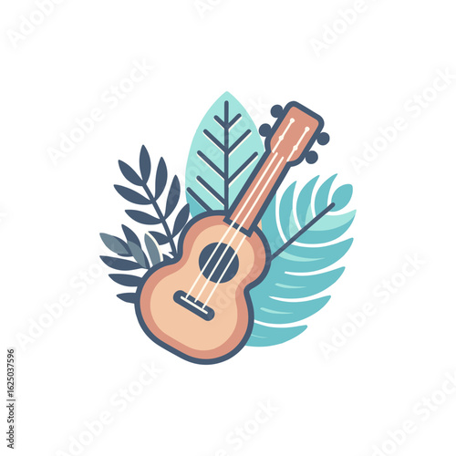 A ukulele resting among tropical leaves, symbolizing music and nature's harmony