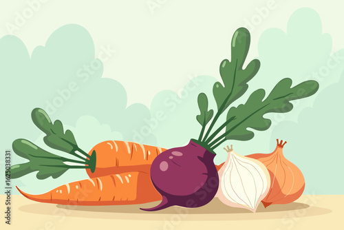 Fresh vegetables including carrots, beetroot, and onions in a vibrant graphic illustration for healthy eating