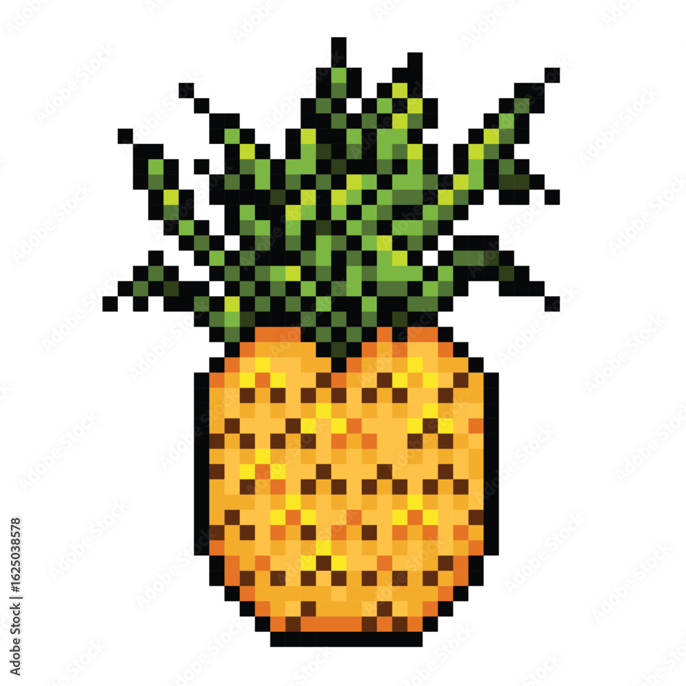 Fototapeta premium Spiky raw pineapple fruit pixel game 8 bit styled colorful cartoon illustration isolated on white background.