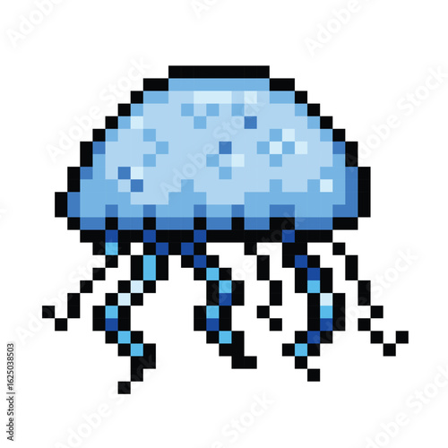 Blue floating jellyfish pixel game 8 bit styled colorful cartoon illustration isolated on white background.