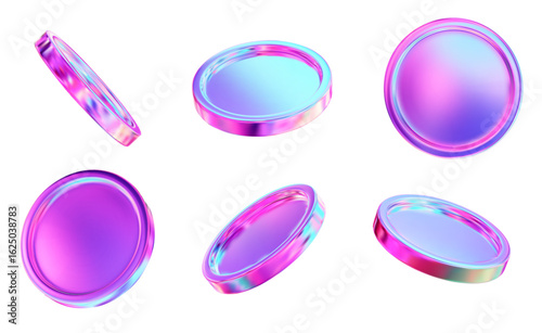 3D set holographic or neon coins with different angles.  Y2k style. Stock vector illustration on isolated background.