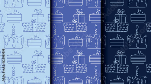 Set of seamless outline patterns for birthday and party themes in blue monochrome. Perfect for wrapping paper, invitations, cards, and festive packaging