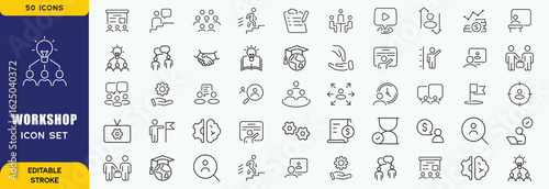 Workshop icon set. Containing team building, collaboration, teamwork, coaching, problem-solving and education icons. vector icon collection