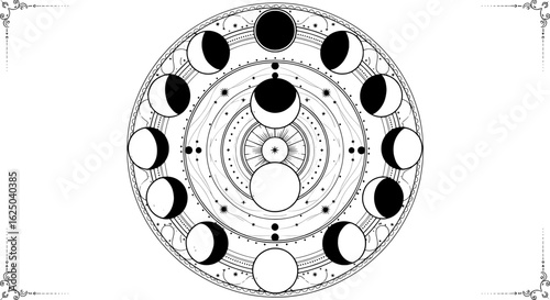 Lunar Phases Circular Mandala – Moon Cycle and Celestial Art Graphic
