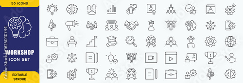 Workshop icon set. Containing team building, collaboration, teamwork, coaching, problem-solving and education icons. vector icon collection