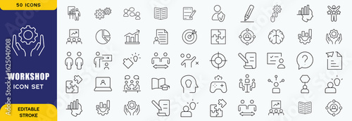 Workshop icon set. Containing team building, collaboration, teamwork, coaching, problem-solving and education icons. vector icon collection
