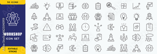 Workshop icon set. Containing team building, collaboration, teamwork, coaching, problem-solving and education icons. vector icon collection