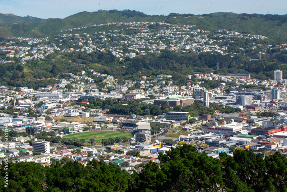 Naklejka premium Panoramic City View in a Hilly Landscape