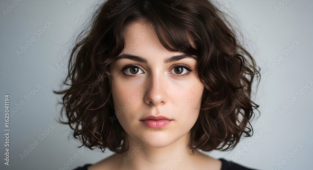 Naklejka premium Portrait of a young woman with short curly brown hair serious expression natural beauty headshot female model