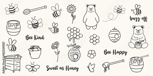 Cute hand drawn honey and bee doodles. Vector line art illustration set. Perfect for kids crafts, labels, greeting cards, nursery decor, and eco friendly packaging.