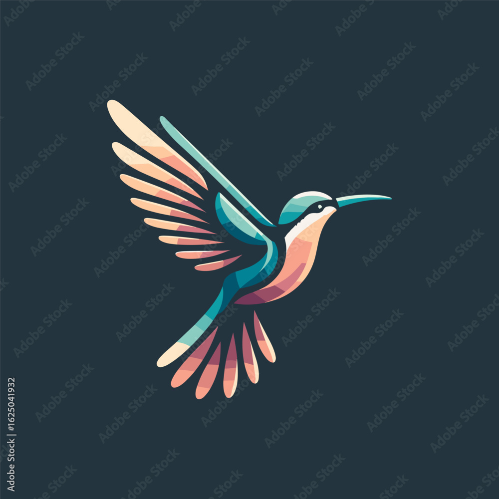 Obraz premium Colorful hummingbird in mid-flight against a dark background, showcasing vibrant feathers and elegance