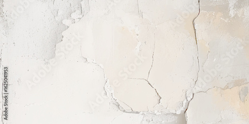 Abstract textured wall with a weathered appearance. The surface is covered with peeling and cracked paint, revealing multiple layers of gray, white, and beige tones underneath.