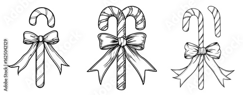 A hand-drawn black sketch of a Christmas candy cane is set against a white background, symbolizing a sugary dessert and representing a Merry Christmas and Happy New Year cartoon, characterized by a
