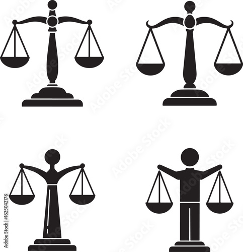 Four silhouettes of scales of justice