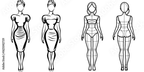 The template includes a modern, isolated outline sketch of a lady, suitable for fashion illustration and sketching purposes, with a nine-head size and main lines for drawing