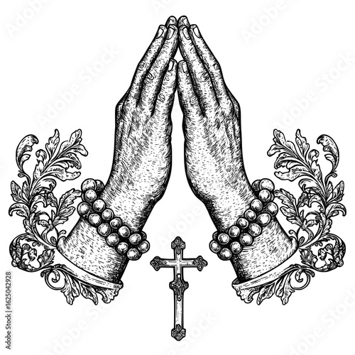 A rosary necklace accompanied by praying hands and a floral heraldic ornament