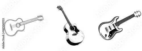 The illustration is a modern depiction of an acoustic guitar in black and white