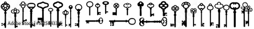 The illustration features a variety of door keys, including an antique door key isolated on a white background, along with keys and a padlock silhouette