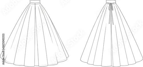 Cad drawing flat vector illustration, long skirt design, pleated silhouette, waistband detail, bow accent, fashion sketch, garment template, apparel flat