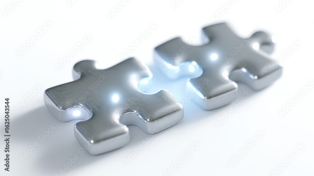 Obraz premium A conceptual image of a bridge made of light connecting two abstract puzzle pieces, isolated on a pure white background. Connecting ideas, problem-solving bridge.