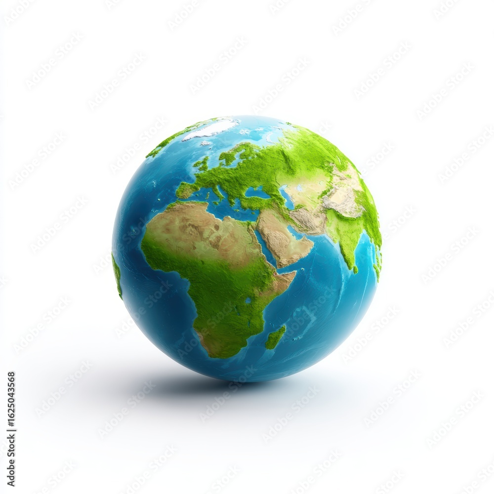 Fototapeta premium A stylized earth globe with green continents and blue oceans, isolated on a pure white background. Environment, global, planet.