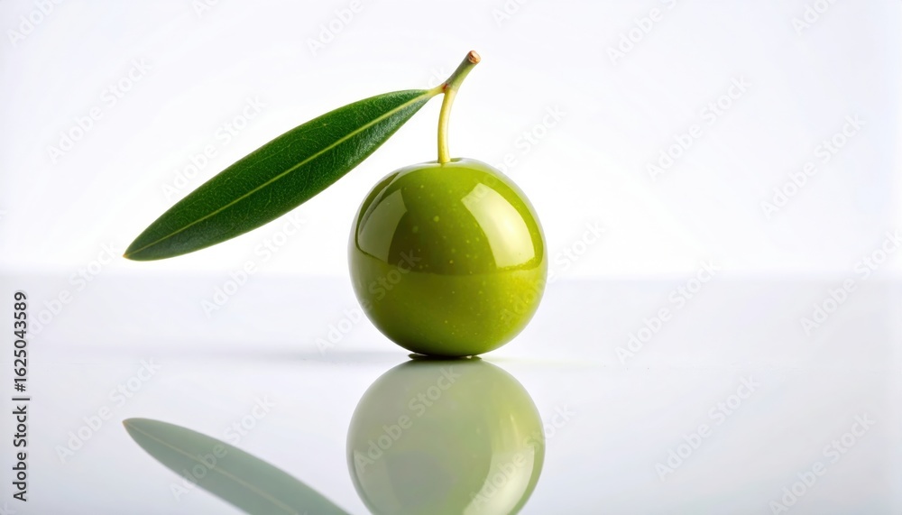 Obraz premium Fresh Green Olive: Single olive with a vibrant green leaf, reflecting on a clean white surface.