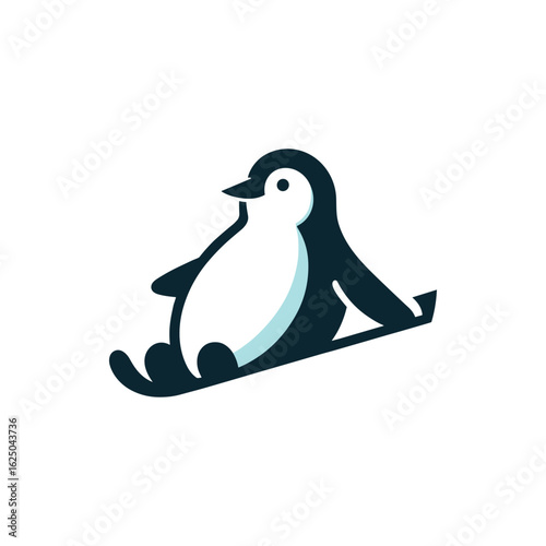 Cute cartoon penguin sliding on a snowy slope, surrounded by a winter landscape
