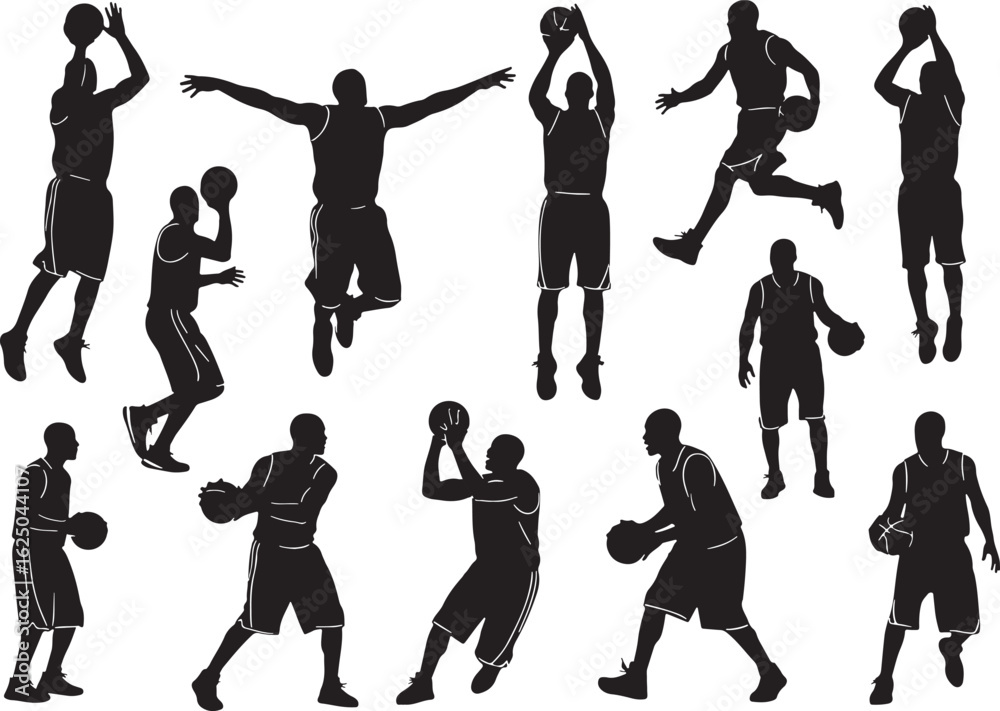 Obraz premium Basketball players silhouettes in various action poses, basketball, player, silhouette, sport, action, game, jump, shoot, dribble, pass, running, jumping, athletic, male, team, competition, dynamic